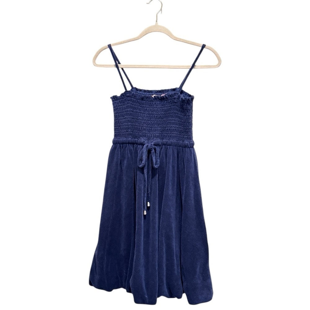 Y2K VTG Juicy Couture Smocked Babydoll Bubble Hem Terry Cloth Mini Dress Navy S